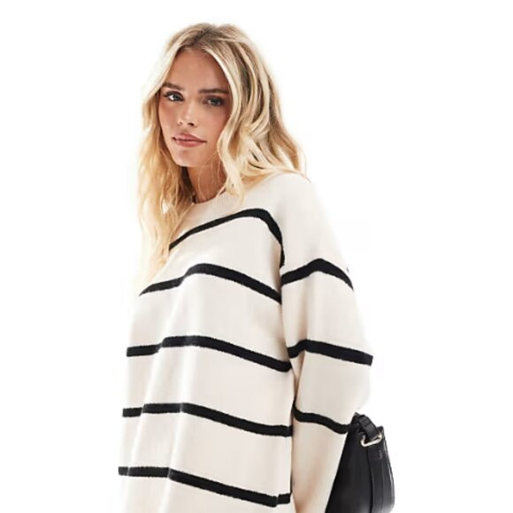 ASOS DESIGN Petite crew neck mini dress with wide cuff in stripe - Picture 2 of 5